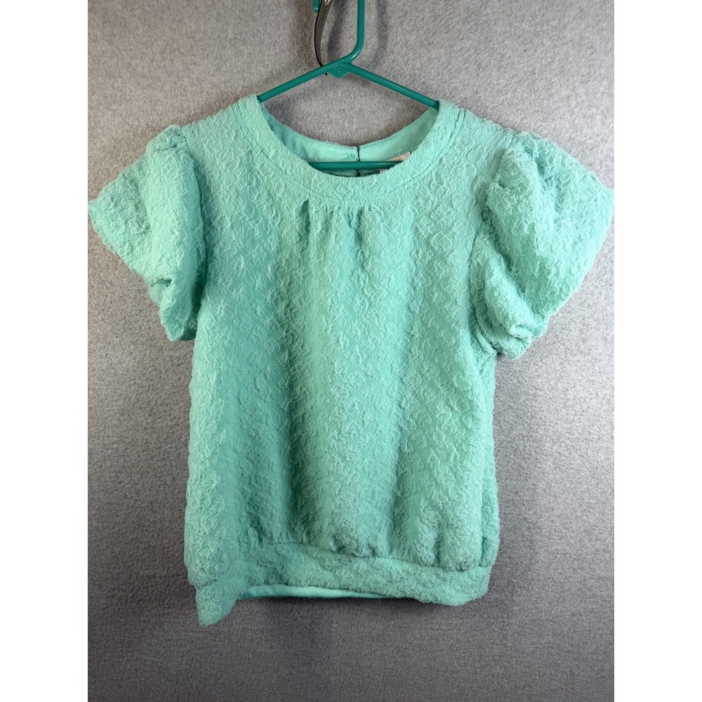 VOY‎ Blouse Womens Small Green Lace Puff Sleeve Lined Short Sleeve Top Boho